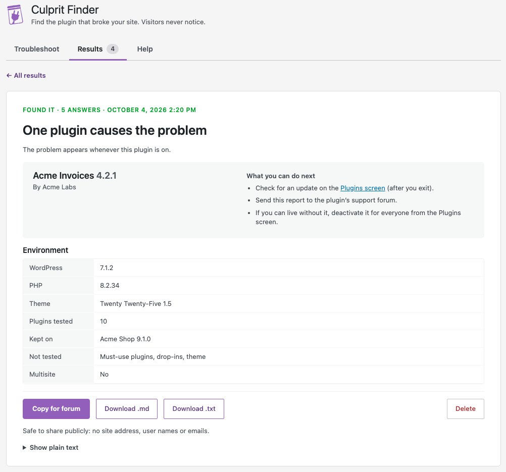 Culprit Finder result screen naming Acme Invoices as the plugin causing the problem, with the environment and a report to copy for the support forum.